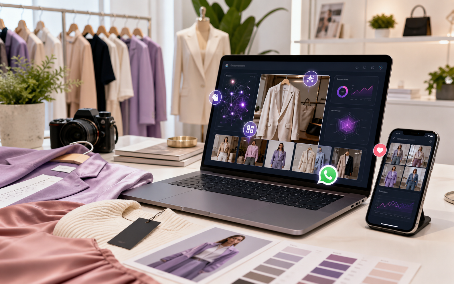Painel de inteligência artificial para loja de roupas com produtos e WhatsApp