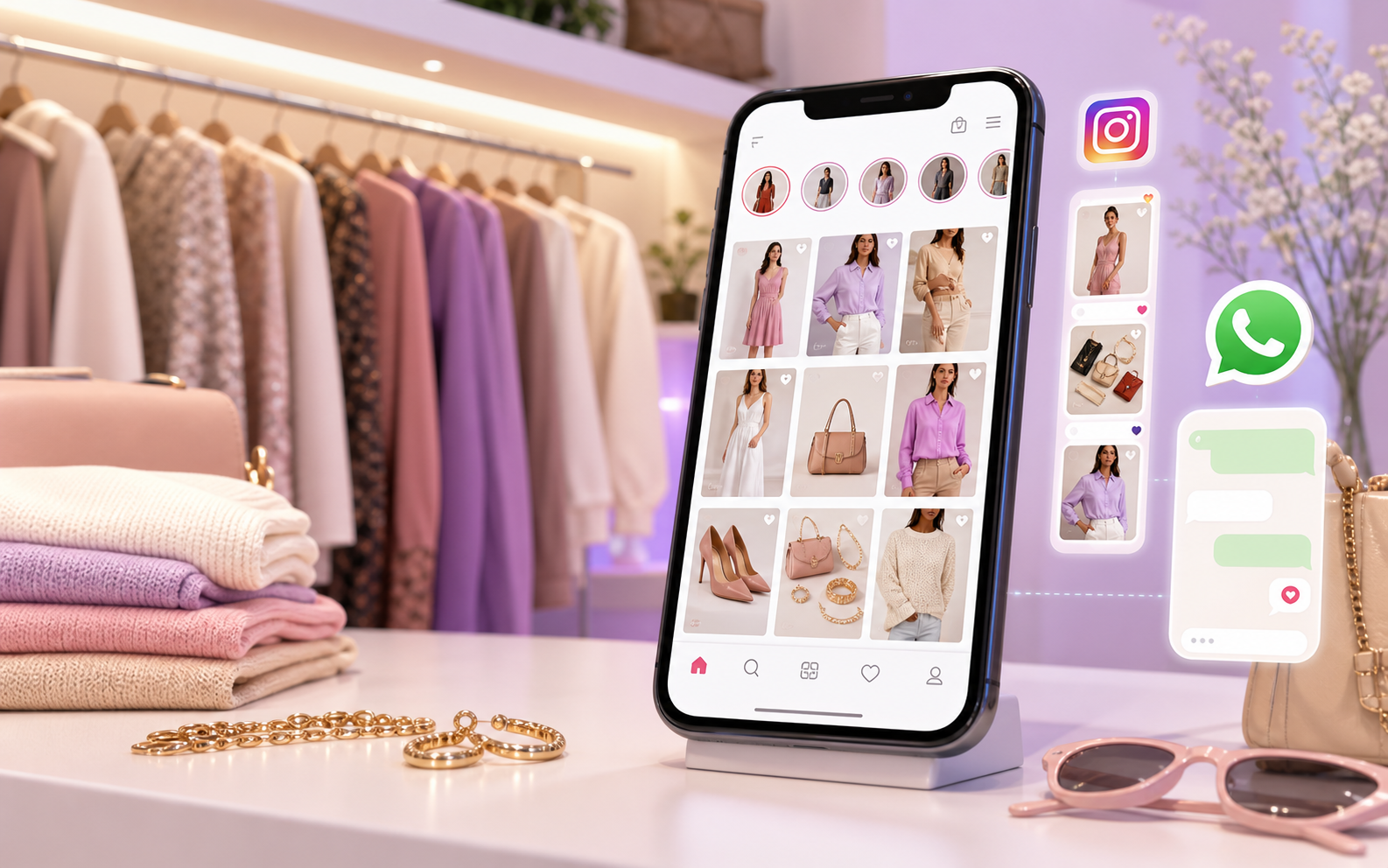 Celular com loja virtual de moda integrada a Instagram e WhatsApp