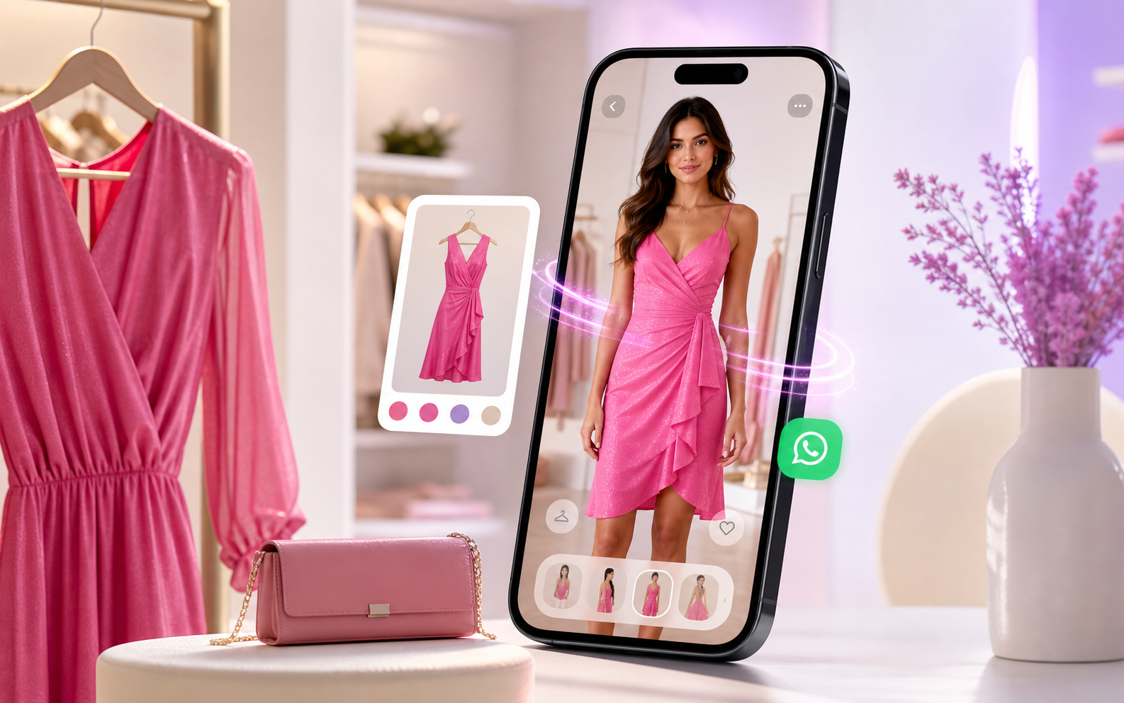 Celular exibindo uma prova de roupa com inteligência artificial em uma loja de moda